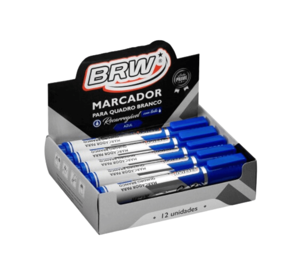 Marcador Quadro Branco Recarregável Azul BRW - CX C/12un