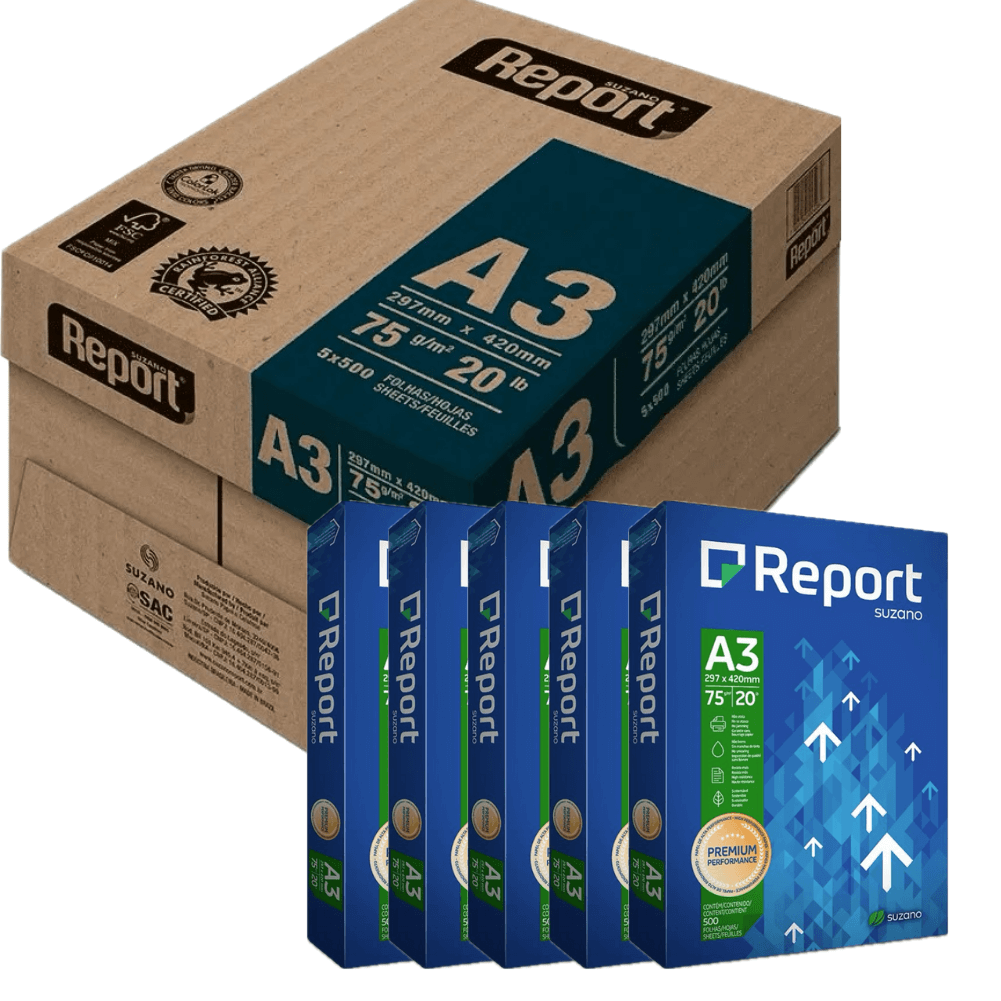 Papel A3 Sulfite Report Premium 75g CX C/ 5 Resmas 500 Fls