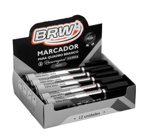 Marcador Quadro Branco Recarregável Preto BRW - CX C/12un