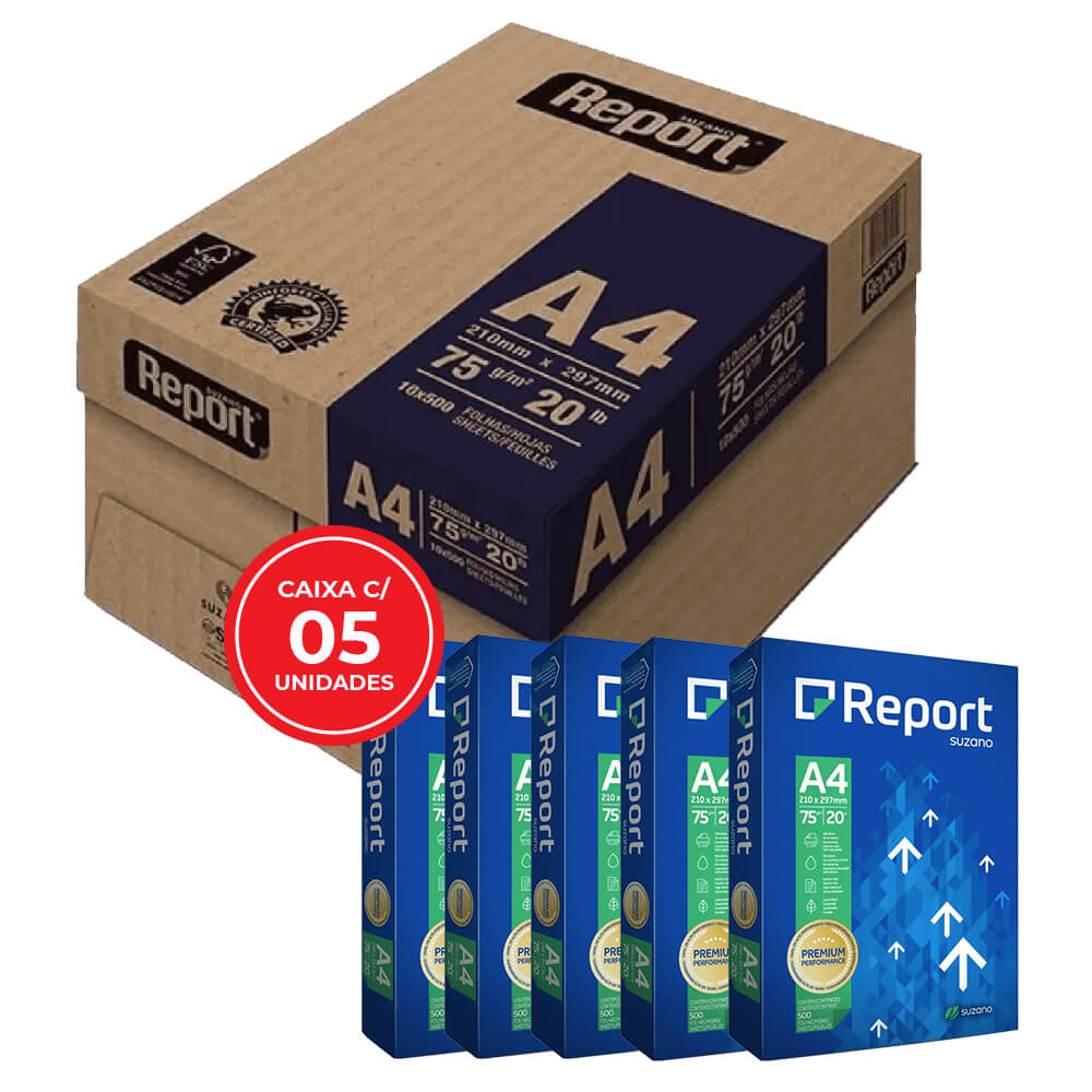 Papel A4 Sulfite Report Premium 75g CX C/ 5 Resmas 500 Fls