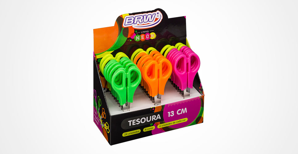 Tesoura Escolar de Aço Inox C/ Régua - 13 Cm Neon