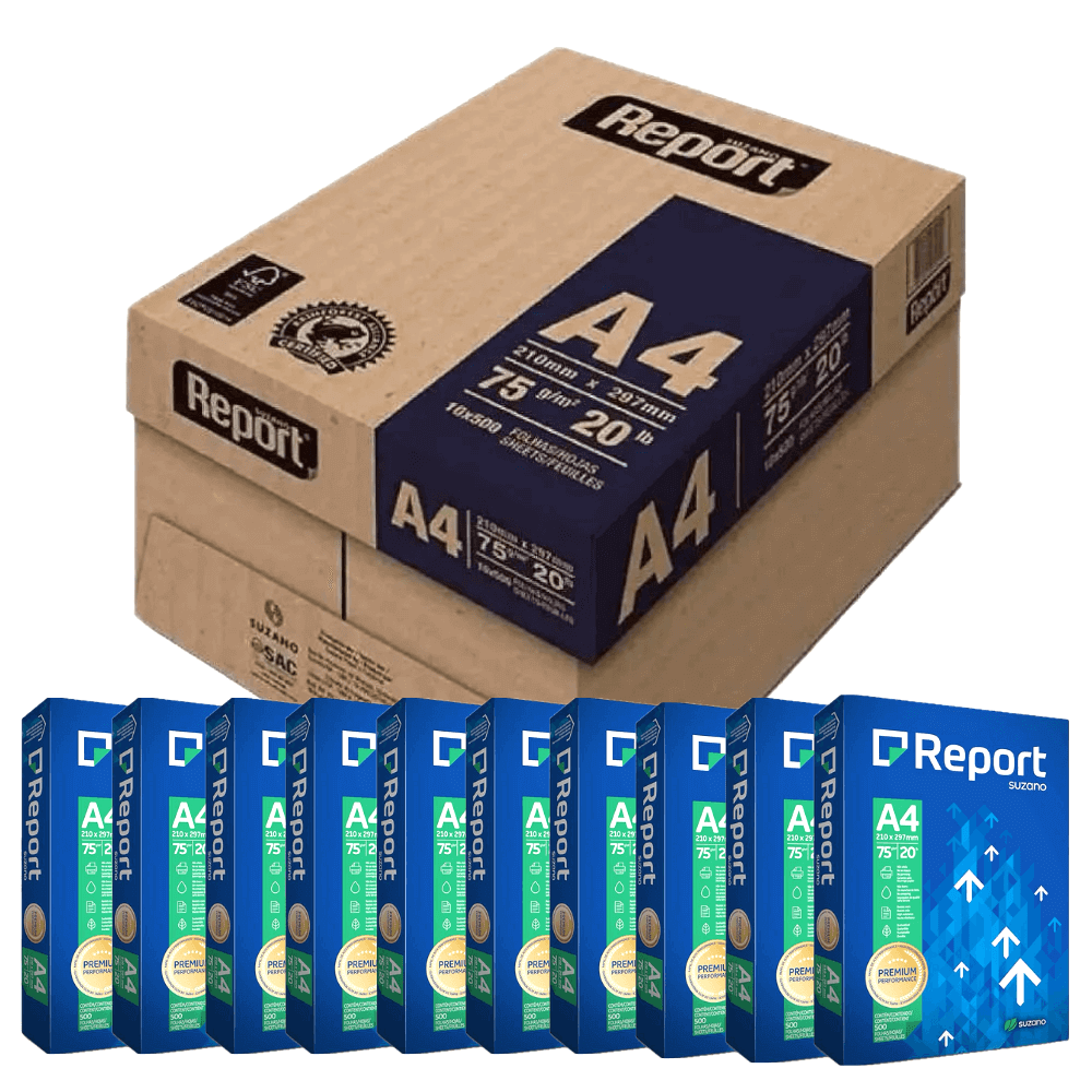 Papel A4 Sulfite Report Premium 75g Cx c/ 10 Resmas De 500 Fls
